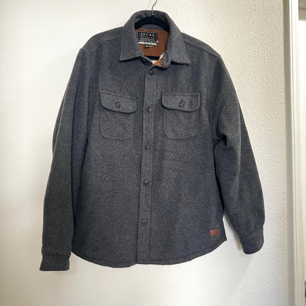 Jachs NY Men L Wool Blend Sherpa Lined Shirt Jacket Charcoal Gray Shacket NWOT
